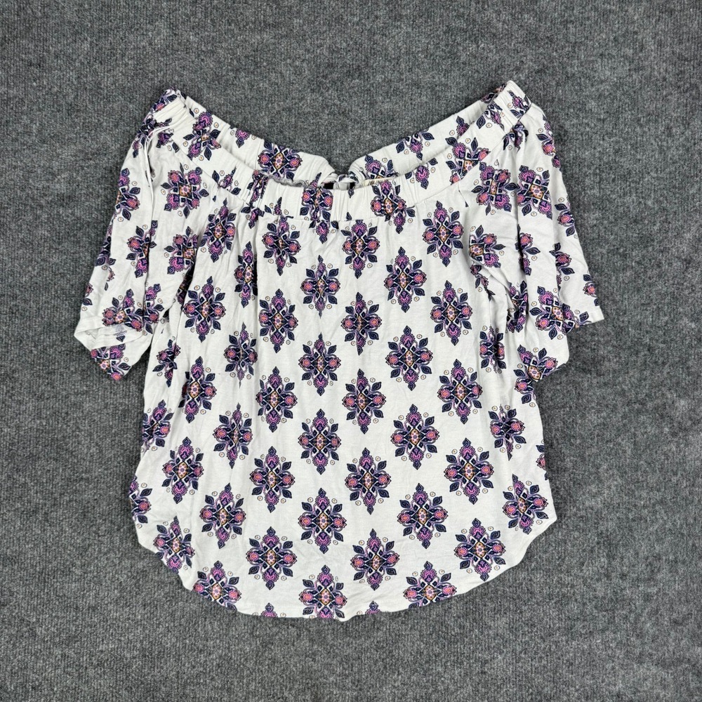 Pink Rose Blouse Womens Size L White Medallion Off Shoulder Short Sleeve Boho